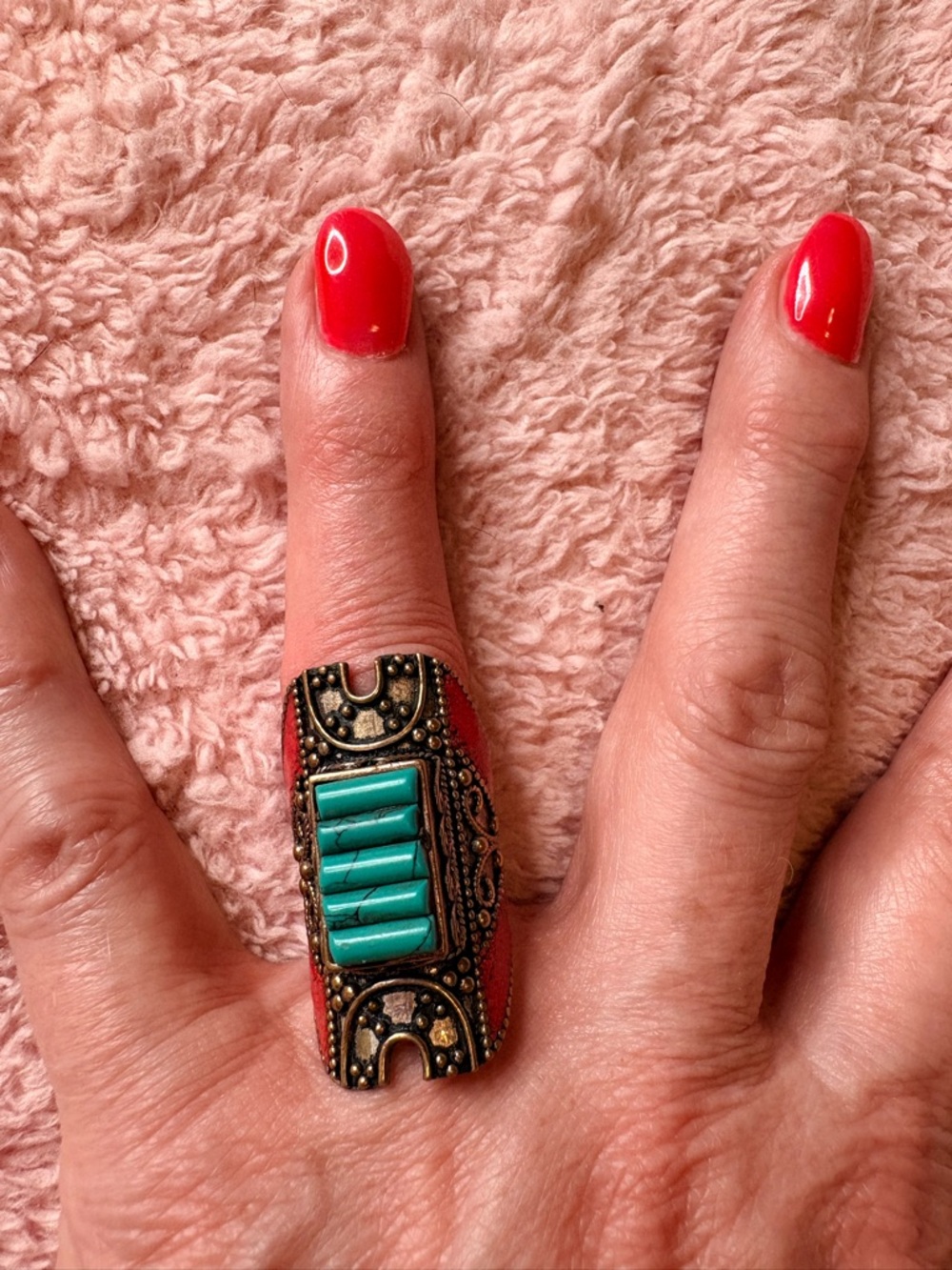 Old Tibetan Nepali Vintage Huge Brass Ring Turquoise Coral Stone